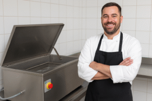 Chef after cleaning equipment with commercial kitchen spectank system