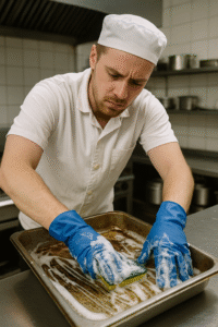 kitchen porter scrubbing trays and frustrated